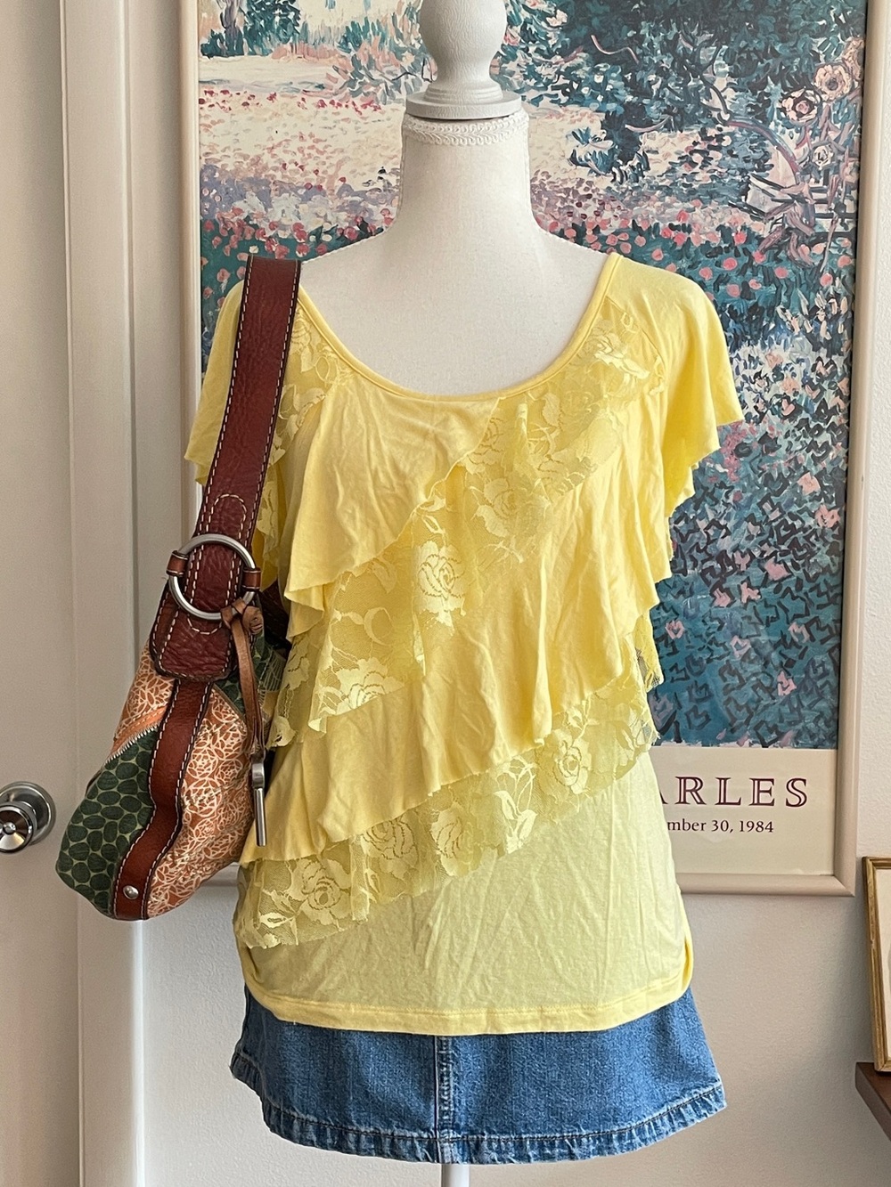 Vintage Y2K Lace Ruffle Top Medium Butter Yellow Flutter Sleeve Boho Coquette